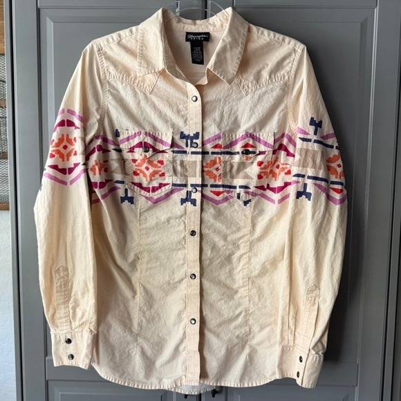 Wrangler Retro Women's Southwestern Border Print Long Sleeve Snap Shirt,Cream, L - Picture 1 of 14